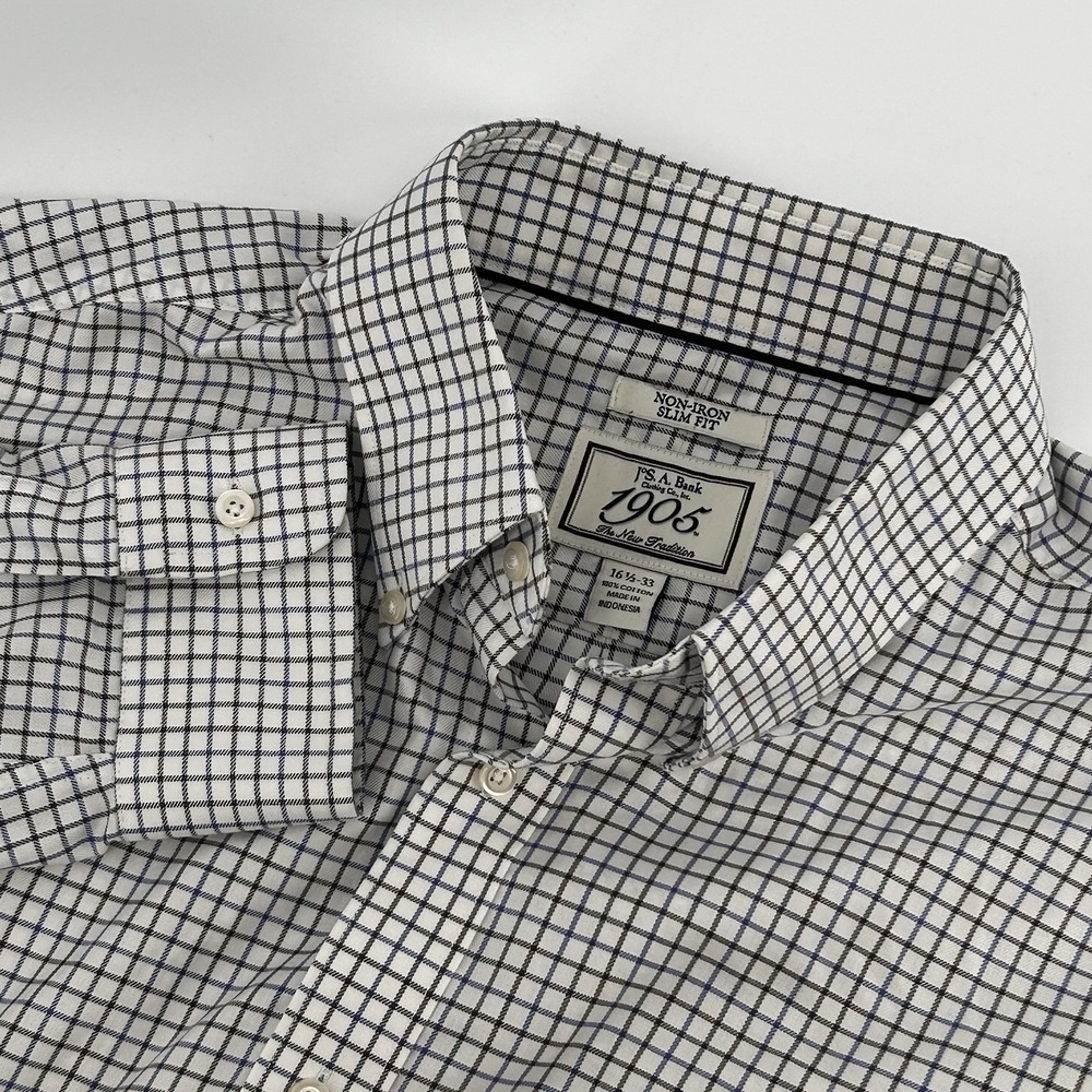 Jos A Banks Slim Fit Blue Brown White Plaid Men's (16.5) L Button‎ Down Shirt